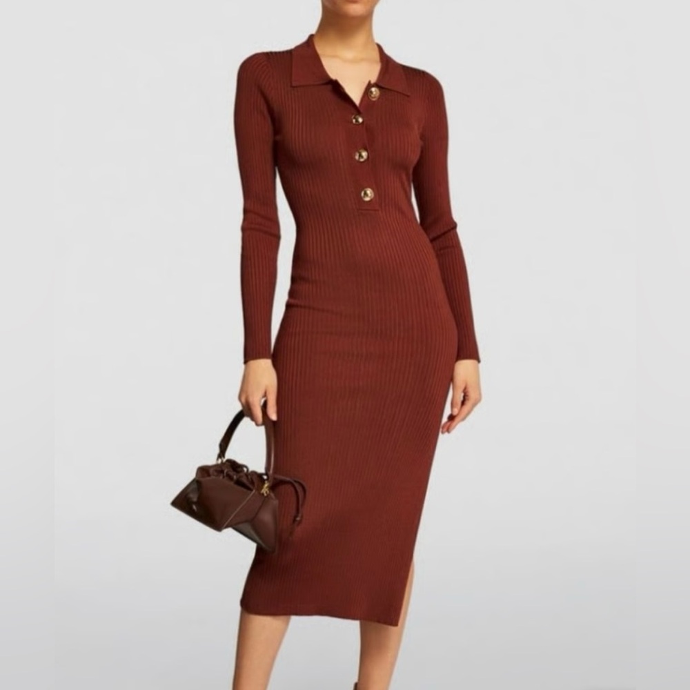 Good American Collared Long Sleeve Ribbed Midi Dress size 00/0 Brick